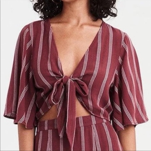 American Eagle Outfitters Tops - American Eagle Burgundy Pinstripe Front Tie Crop Top
